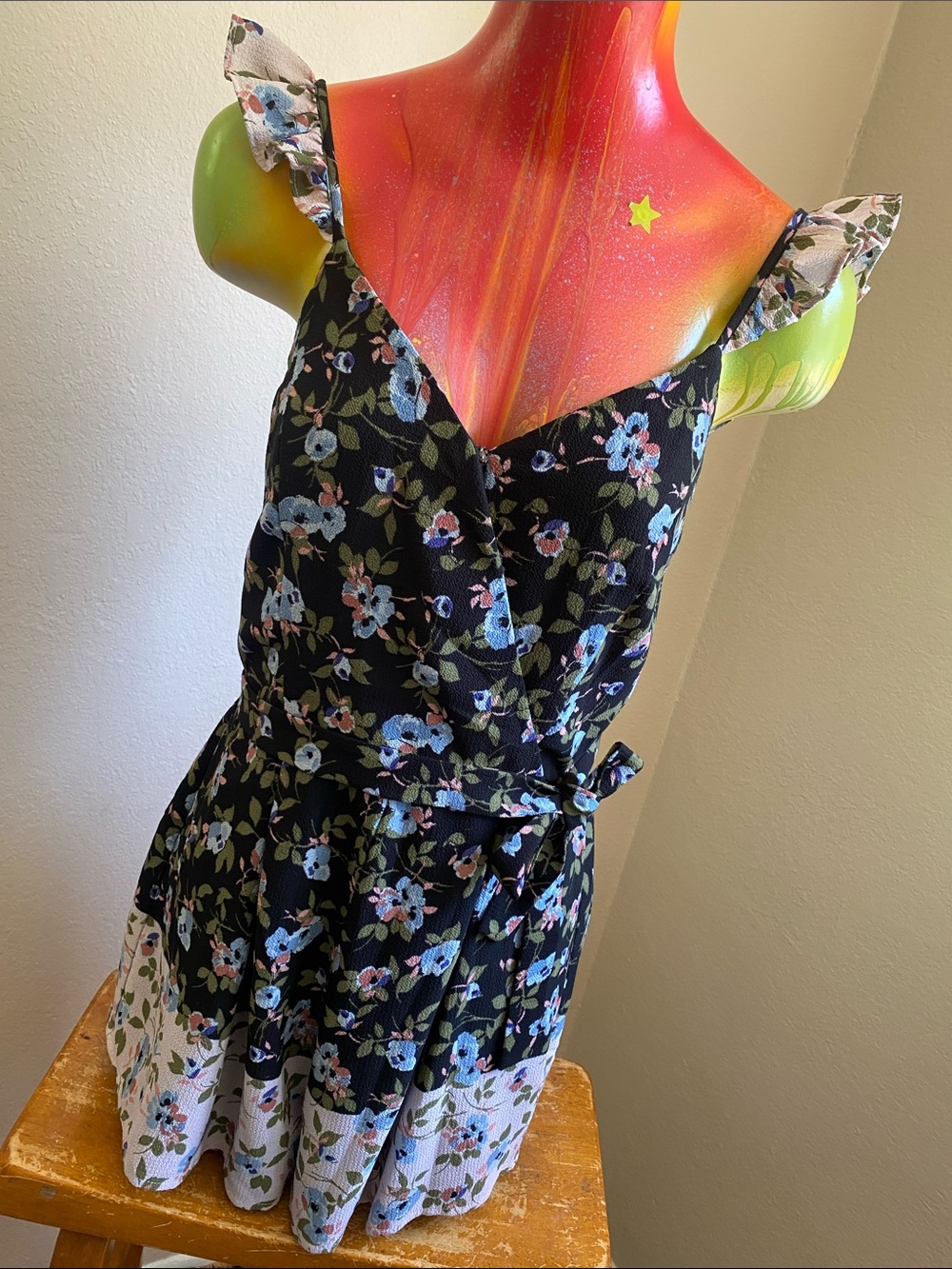 Altar'd State Black Floral Print Ruffle Strap Romper in Blue Pink and Olive